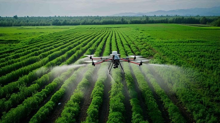Drone de pulvérisation au-dessus d'un champ