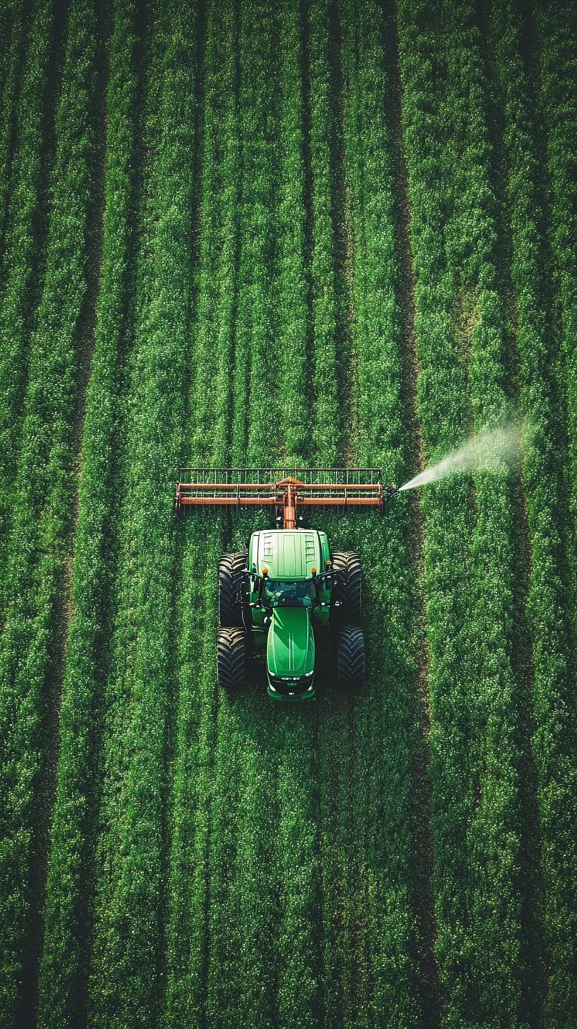 Tracteur traitant un champ vu du ciel