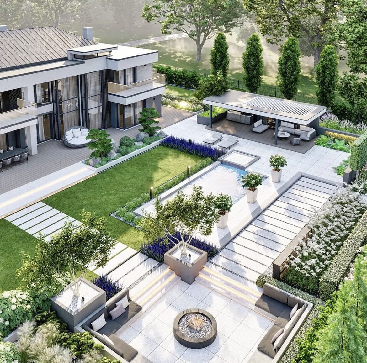 Rendu 3D d'une villa avec piscine, terrasses et jardins paysagers